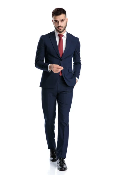 Sexy Businessman Wearing Navy Suit Walking One Hand Pocket Attitude — Stock Photo, Image
