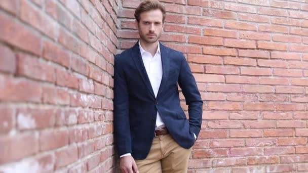 Elegant Sexy Businessman Leaning Brick Wall One Hand Pocket Holding — Stock Video