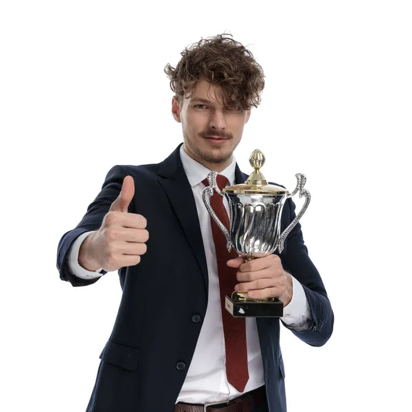 Positive Businessman Holding Trophy Giving Thumbs While Wearing Suit Standing — Stock Photo, Image