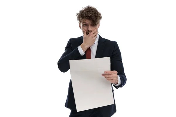 Surprised Businessman Reading Newspaper Gasping Covering His Mouth While Wearing — Stock Photo, Image