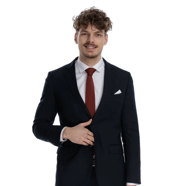 Happy Businessman Smiling Fixing His Jacket While Wearing Suit Standing — Stock Photo, Image