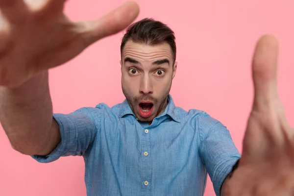 Young Handsome Casual Man Reaching Out Camera Shocked Wearing Blue — Stock Photo, Image