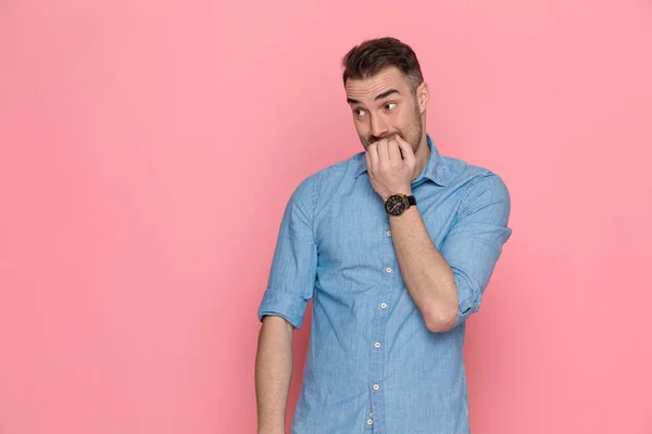 Young Sexy Casual Man Looking Aside Biting His Nails Wearing — Stock Photo, Image