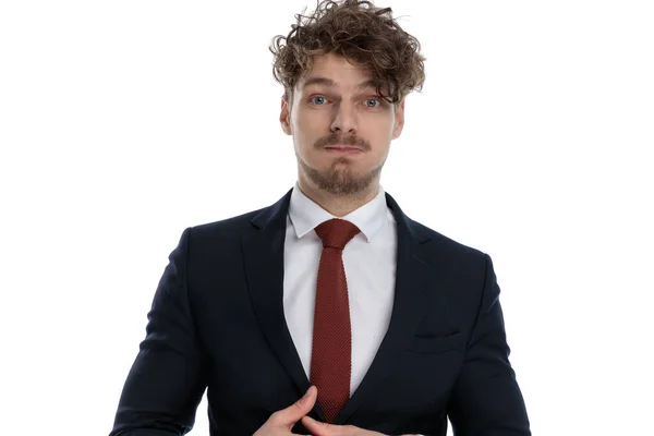 Speechless Businessman Felling Sorry While Wearing Suit Standing White Studio — Stock Photo, Image