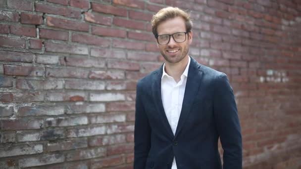 Attractive Happy Businessman Standing Looking Camera Wearing Navy Suit Eyeglasses — Stock Video