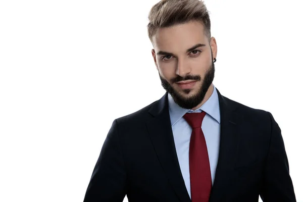 Confident Young Guy Suit Smiling Standing Isolated White Background — Stock Photo, Image