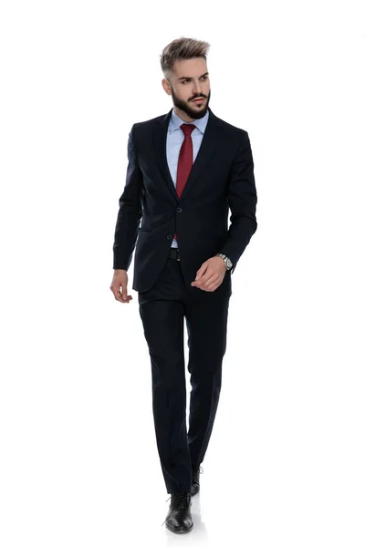 Sexy Young Businessman Looking Side Walking Isolated White Background — Stock Photo, Image