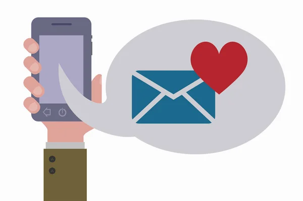 Hand met smartphone liefde bericht — Stockvector