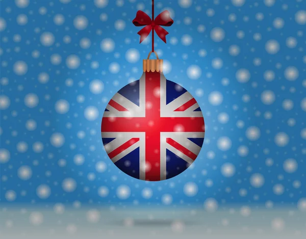 Chute de neige et boule de neige avec drapeau du royaume uni — Image vectorielle