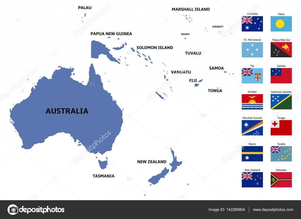 Mapa oceânia e bandeiras — Vetor de Stock © noche0 #142266804