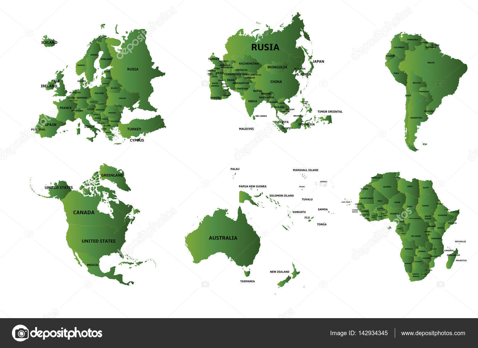 Set 6 continents and countries color green Stock Vector by ©noche0 142934345