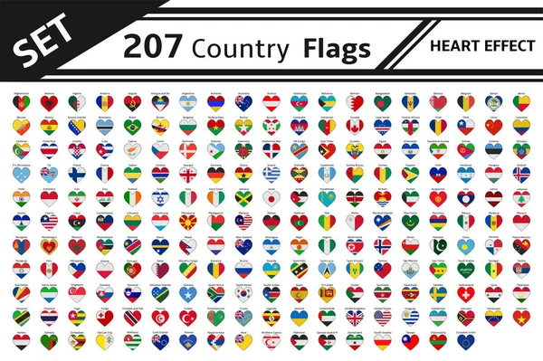 Ensemble 207 drapeaux de pays effet coeur — Image vectorielle