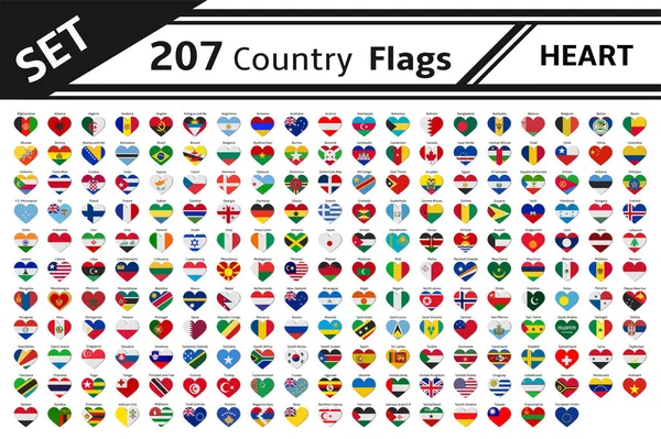 Ensemble 207 drapeaux de pays en forme de coeur — Image vectorielle