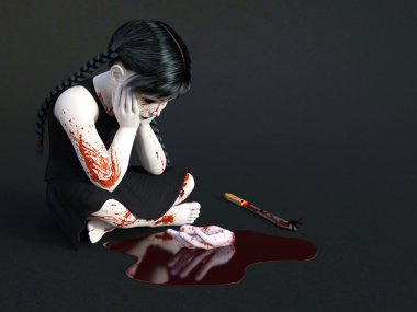 küçük kız katta oturan bir kan 3D render kaplı.