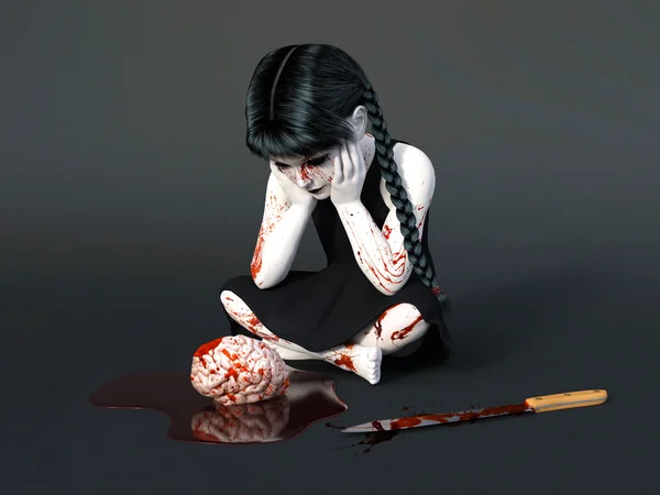 Representación en 3D de una niña pequeña cubierta de sangre sentada en el suelo . —  Fotos de Stock