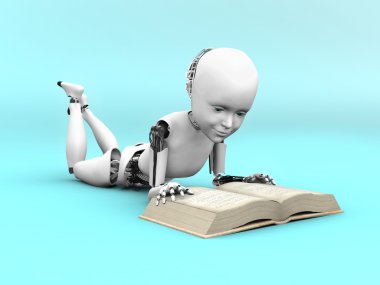 3D rendering of a robot child reading a book. clipart