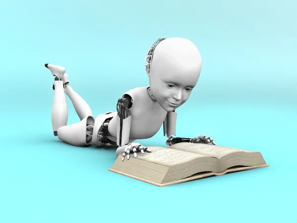 Rendering 3D di un bambino robot che legge un libro . — Foto Stock