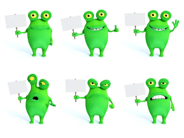 3D rendering collection of charming green monsters with blank si — Stock Photo, Image