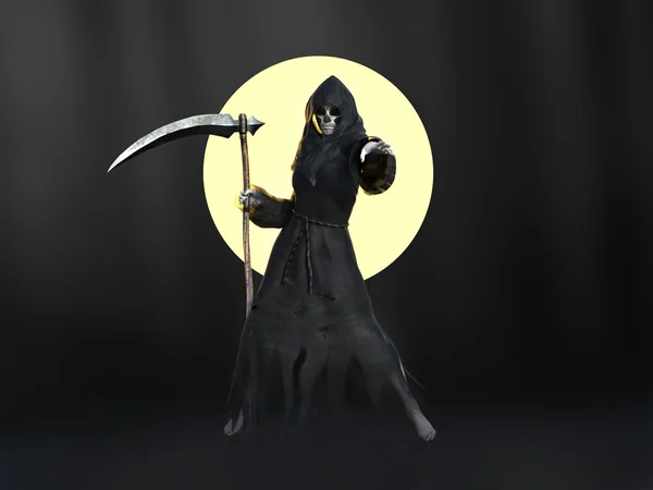 3D rendering of female reaper or witch against full moon. — Stock Photo, Image