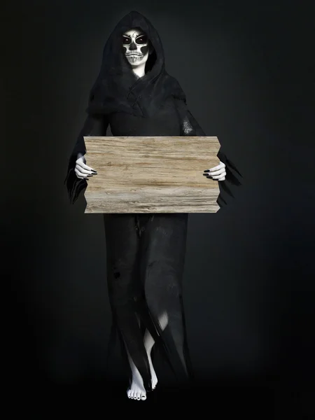 3D rendering of female reaper or witch holding blank sign. — Stock Photo, Image