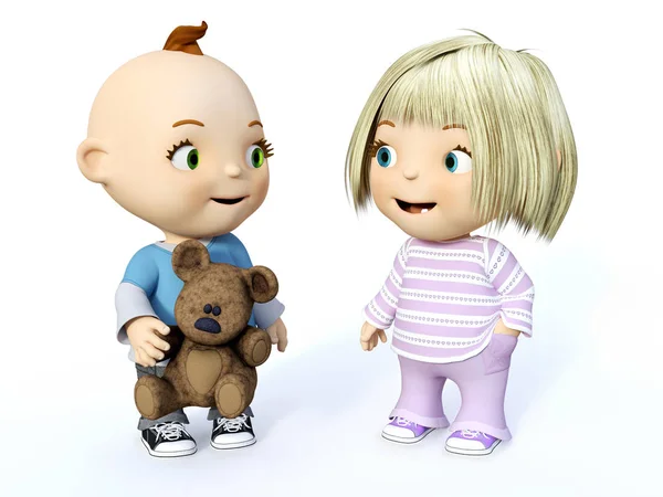 Renderowania 3D Ładna toddler chłopiec i dziewczyna ogląda każdego othe — Zdjęcie stockowe