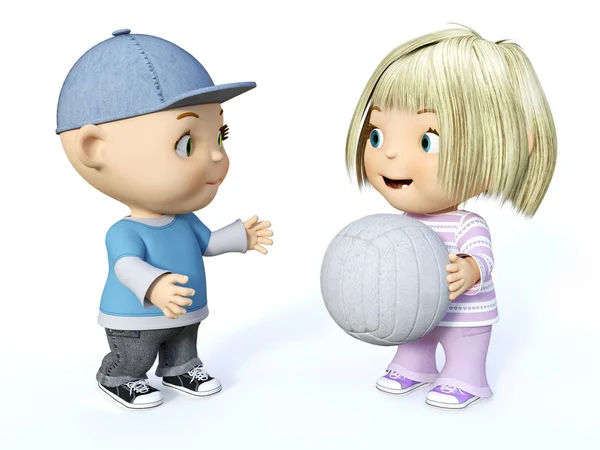 3D rendering of a cute toddler boy and girl playing ball. — Stock Photo, Image