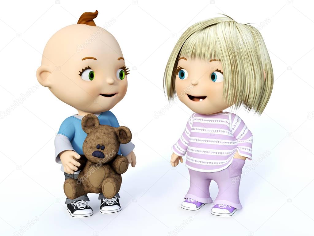 3D rendering of a cute toddler boy and girl looking at each othe