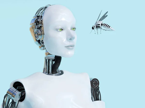 3D rendering of female robot looking at robotic mosquito. — Stock Photo, Image