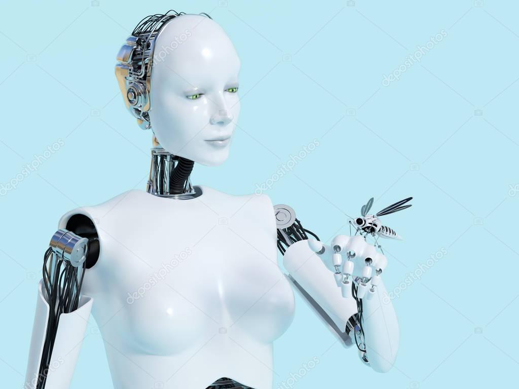 3D rendering of female robot with robotic mosquito.