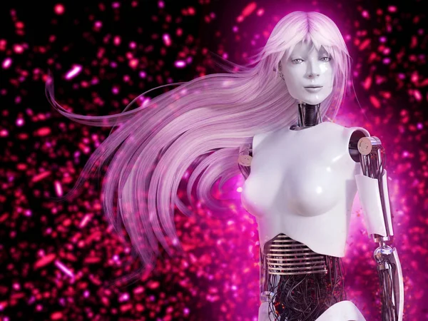 3D-rendering av kvinnlig robot med långt hår och bokeh ljus effe — Stockfoto