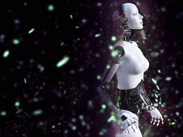 Rendu 3D d'un robot femelle avec effet de lumière bokeh . — Photo