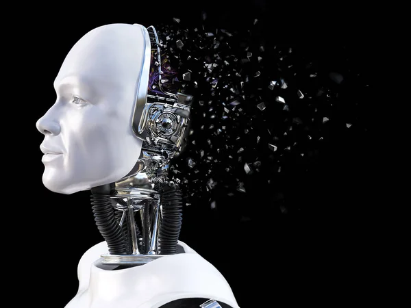 3D-Darstellung eines männlichen Roboterkopfes, der zerbricht. — Stockfoto