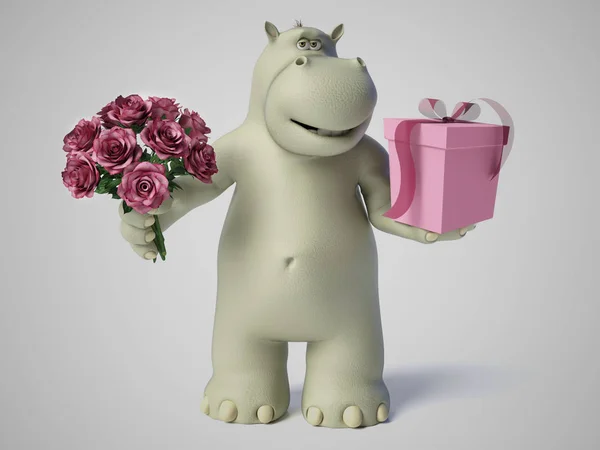 3D renderização de hipopótamo desenho animado romântico . — Fotografia de Stock
