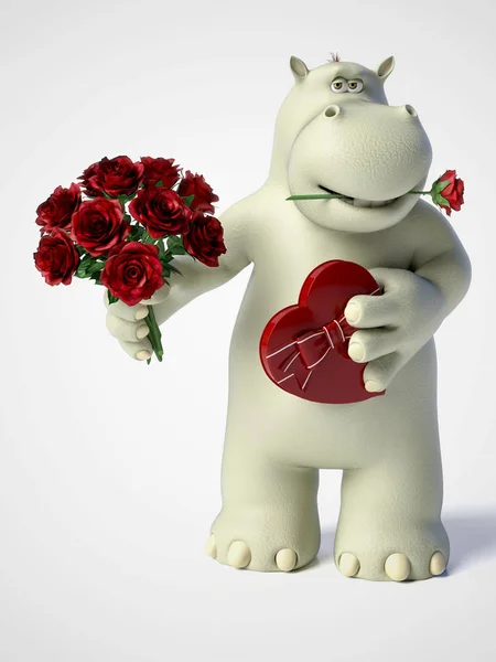 3D rendering of romantic cartoon hippo. — Stock Photo, Image