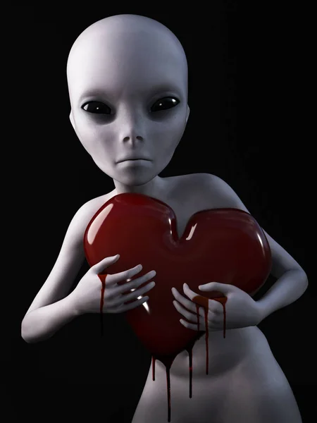 3D rendering of an alien holding bleeding heart. — Stock Photo, Image