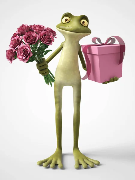 장미 꽃다발을 들고 로맨틱 만화 개구리의 3d 렌더링 — 스톡 사진