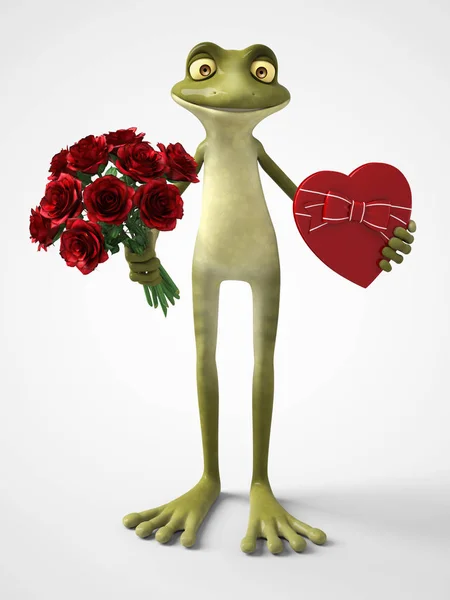3d 渲染的浪漫卡通青蛙抱着一束玫瑰 — 图库照片