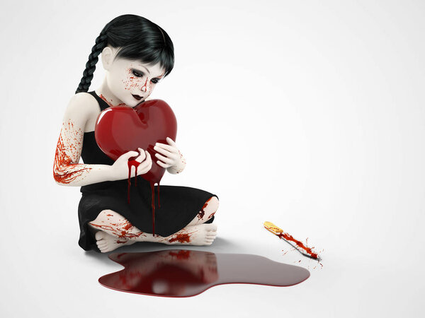 3D rendering of a blood covered small girl holding bleeding hear