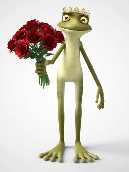 Rendu 3D de prince grenouille dessin animé romantique tenant un bouquet o — Photo