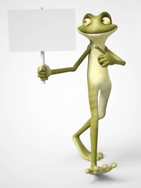 boş işaret tutan karikatür kurbağa 3D render.