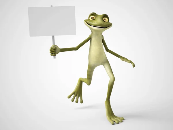 3D rendering of cartoon frog holding blank sign. — Stock Photo, Image
