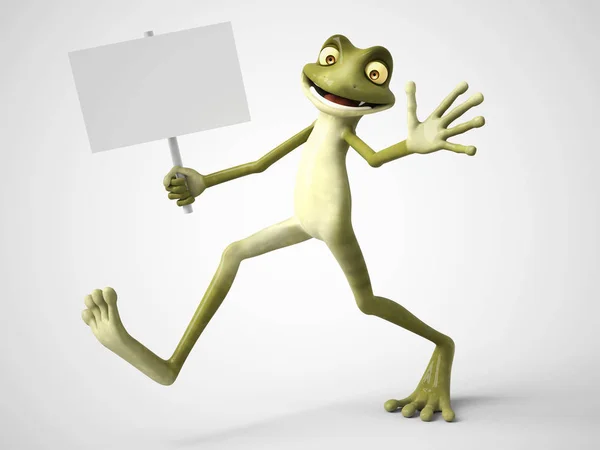 3D-Darstellung von Cartoon-Frosch mit leerem Zeichen. — Stockfoto