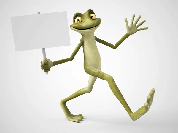 Rendu 3D de grenouille dessin animé tenant signe blanc . — Photo