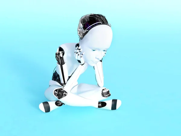 Rendering 3D di un bambino robot che pensa . — Foto Stock