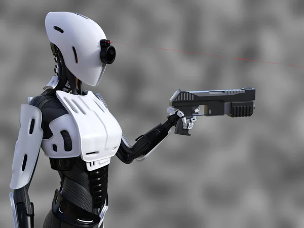 3D-rendering av en kvinnlig android-robot med pistol. — Stockfoto