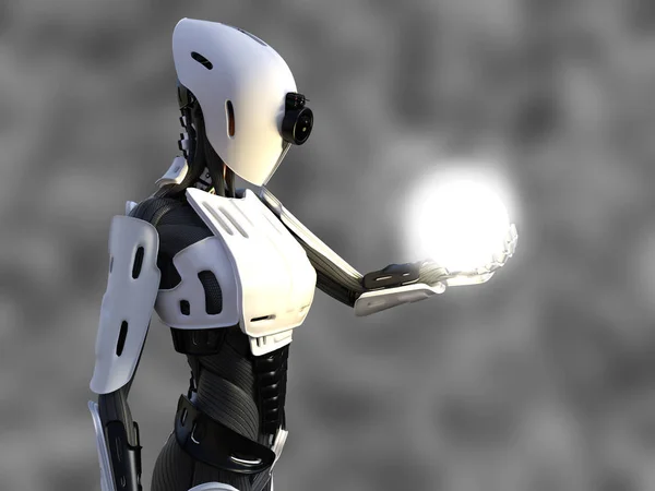 3D renderização de uma fêmea robô andróide segurando esfera de energia . — Fotografia de Stock