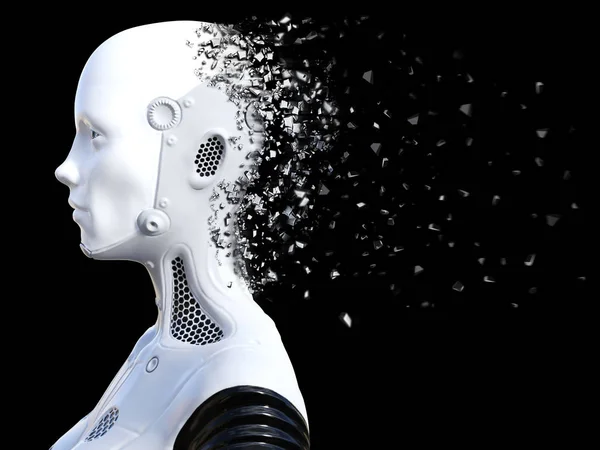 3D-Darstellung des weiblichen Roboterkopfes, der zerbricht. — Stockfoto