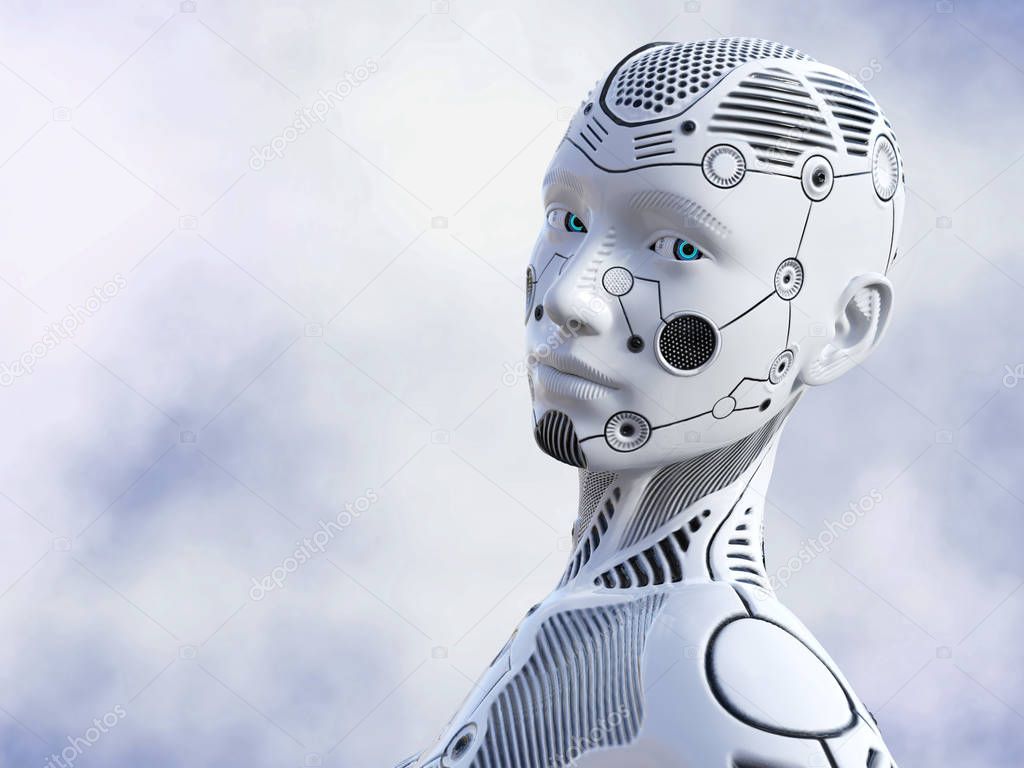 3D rendering of female robot face.