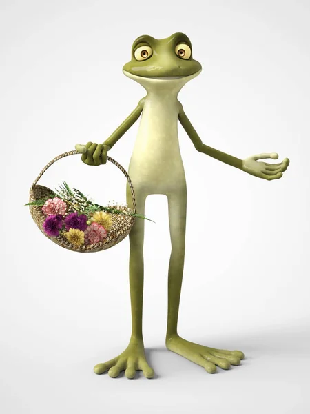 Rendu 3D de grenouille dessin animé tenant un panier de fleurs . — Photo