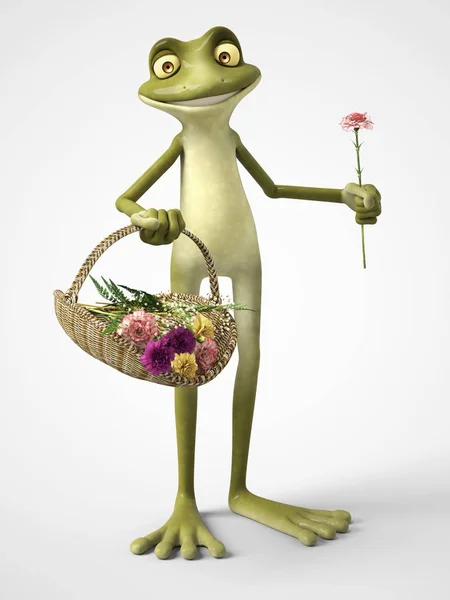 Rendu 3D de grenouille dessin animé tenant un panier de fleurs . — Photo